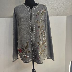 Croft & Barrow 2x Gray Embroidered Zip Cardigan Cardinal Christmas Holiday V0462